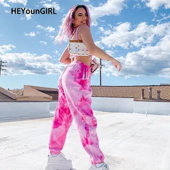 

HEYounGIRL Pink Tie Dye Printed Sweatpants Women Casual Loose Long Trousers Elastic High Waist Pants Capris Joggers Streetwear