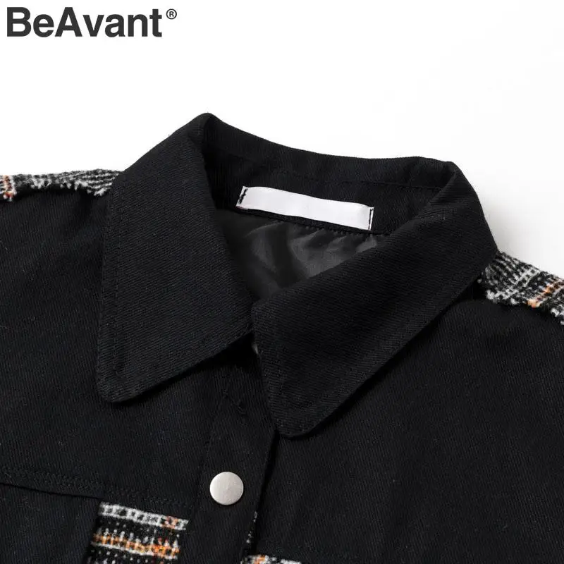 BeAvant модная Лоскутная клетчатая джинсовая куртка для женщин на пуговицах с карманами Свободная Женская куртка пальто уличная женская черная шикарная куртка