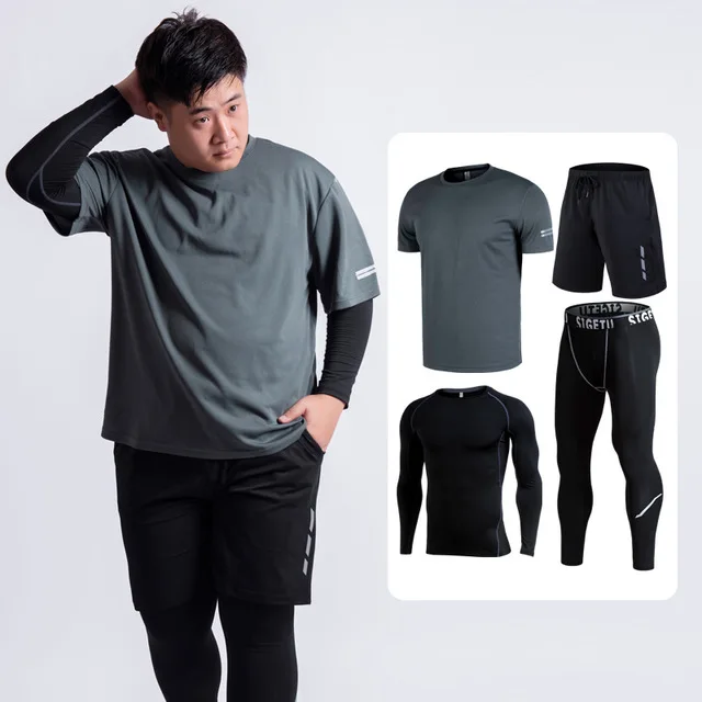 5XL 6XL 4 шт./компл. мужской спортивный костюм для спортзала фитнес быстросохнущая одежда для бега Спортивная одежда для бега тренировочные трико плюс размер - Цвет: grey black