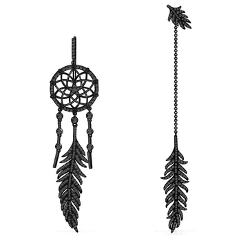 

SLJELY Fashion Real 925 Sterling Silver Asymmetric Black Dreamcatcher Feather Earrings Paved Cubic Zirconia Women Party Jewelry