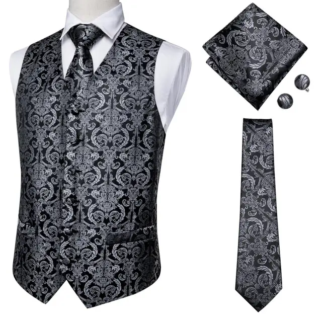 Hi-Tie 20 Color Silk Men's Vests and Tie Business Formal Dresses Slim Vest 4PC Hanky cufflinks for Suit Blue Paisley Waistcoat MS-0011