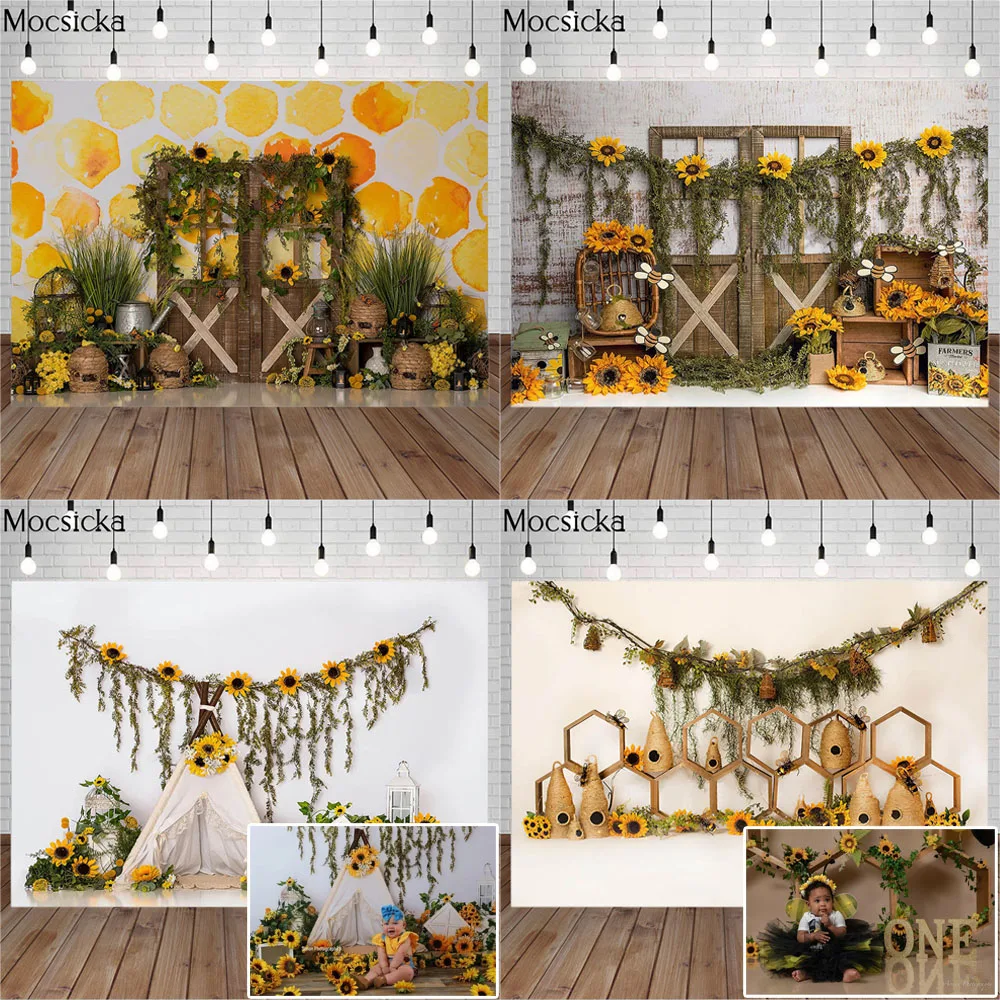 

Mocsicka Sweet Bee Photography Background Yellow Honey Bee Baby Shower Backdrop Newborn Child Portrait Decoration Props Studio
