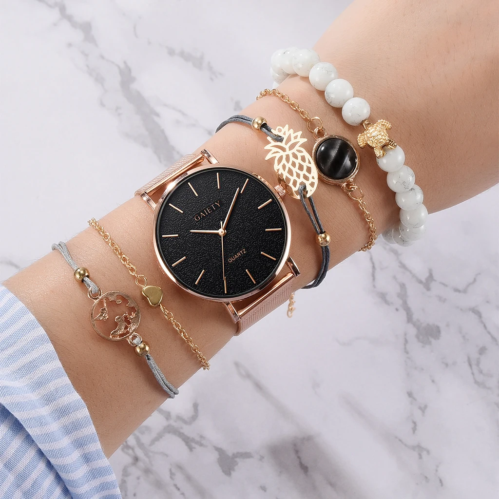 5 шт. набор веселых брендовых часов для женщин, розовое золото, роскошные часы с браслетом, ювелирные изделия, женские часы для девочек, повседневные кварцевые наручные часы