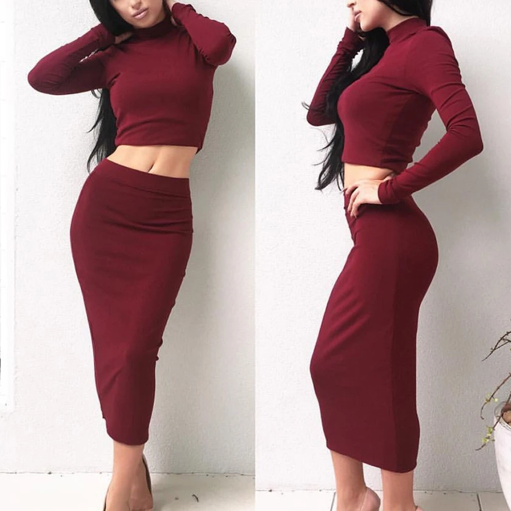 New Mid-Calf Dress Women Autumn O-Neck High Collar Long Sleeve Solid Sexy Two-Piece Tops And Skirt Suit Girl Ladies 729