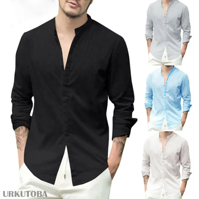 

Plus Size 2XL Tunic Mens Shirt Solid Linen Basic Button Casual Linen Cotton Long Sleeve Shirts Men Autumn Casual 2019 Tops New