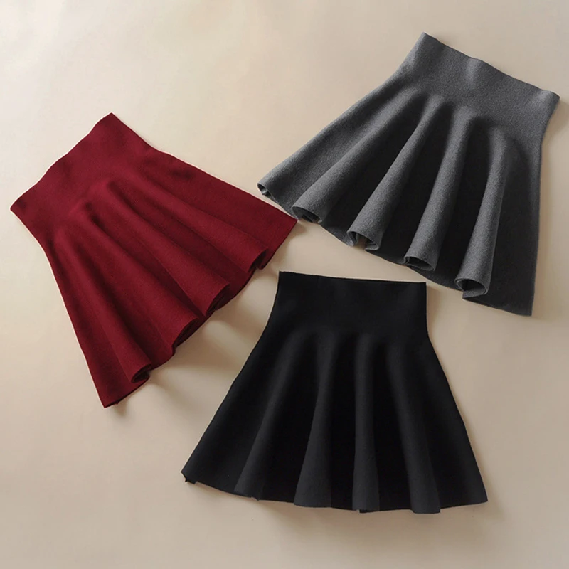 Корейская шикарная трапециевидная юбка женская осенняя и зимняя повседневная однотонная мини-юбка с высокой талией Женская трикотажная юбка с эластичной резинкой на талии 5 цветов