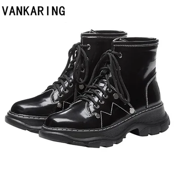 

new fashion european style black white ankle boots wedge round toe lace-up boots woman platform patent leather shoes boots woman