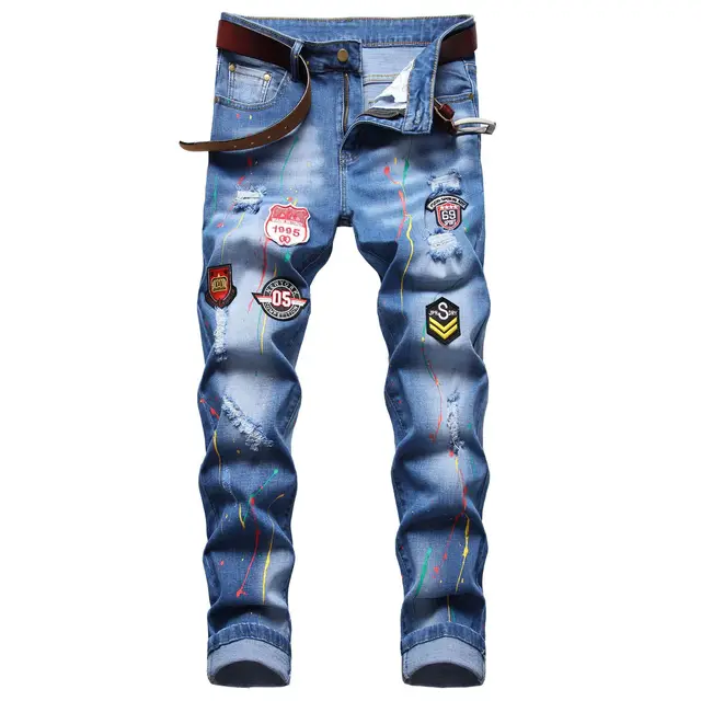 Distressed Badge Colourful Jeans 4