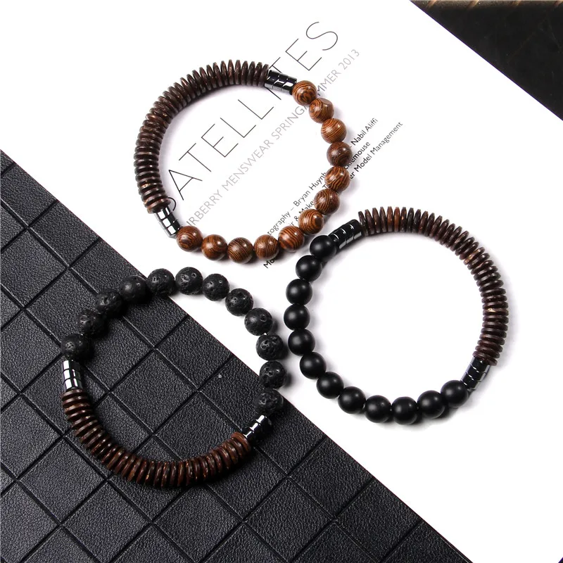 Beaded Bracelet Natural Stone Round Beads Coconut Wood Flake Bloodstone Lava Stone Wooden Bead Male For Men Gift