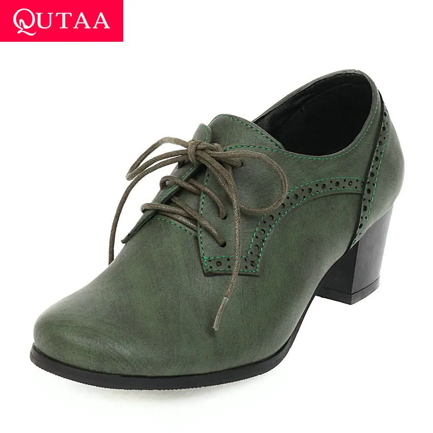 

QUTAA 2020 Lace Up Round Toe Women Shoes Spring Autumn PU Leather Ladies Pumps Casual Square Heel Single Shoes Big Size 34-43