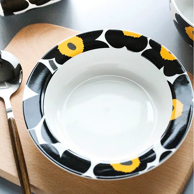 Black Flowers and Polka Dot Ceramic dishes sets 6