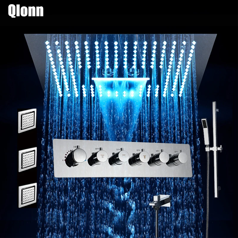 

Bathroom Shower Faucet Set Rain waterfall Mist Showers LED Light Embedded Ceiling Thermostatic Valve Showerhead Sliding Bar