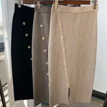 Yakwool трикотажная юбка Женская Повседневная однотонная элегантная до середины икры трикотажная юбка с пуговицами