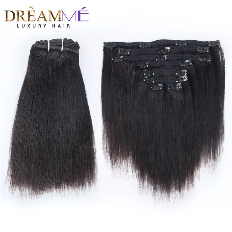 Light Yaki Straight Clips In Human Hair Extensions  Natural Color Kinky Coarse Yaki In Brazilian Remy Human Hair 120G 8Pcs/Set