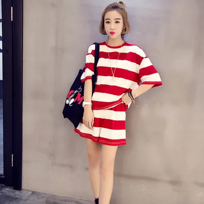 

(According to Feminine) Summer Short-sleeved Pajamas Homewear Set Women's Summer Red Stripe M -Xxl Qmilch 120 Grams