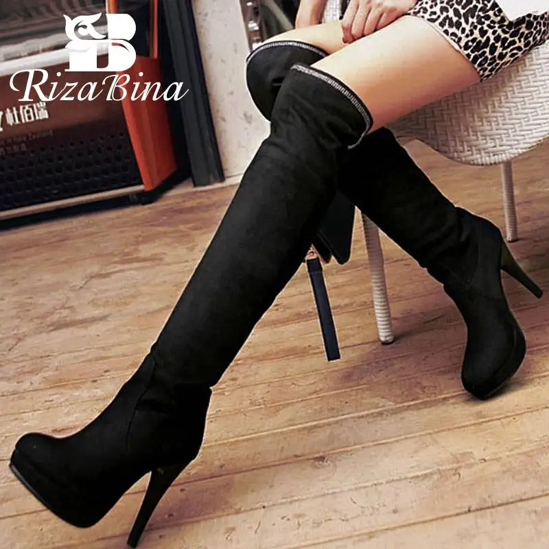 RIZABINA Bling Crystal Women Long Boots Platform Thin High Heel Shoes Winter Warm Over The Knee Boots Women Footwear Size 32-43