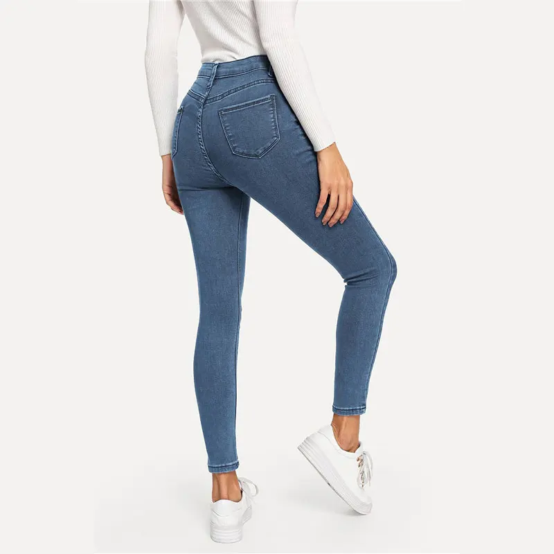 ROMWE/однотонные джинсы с высокой талией на молнии для женщин; коллекция года; сезон весна-осень; повседневные узкие джинсы; джинсовые брюки; эластичные брюки