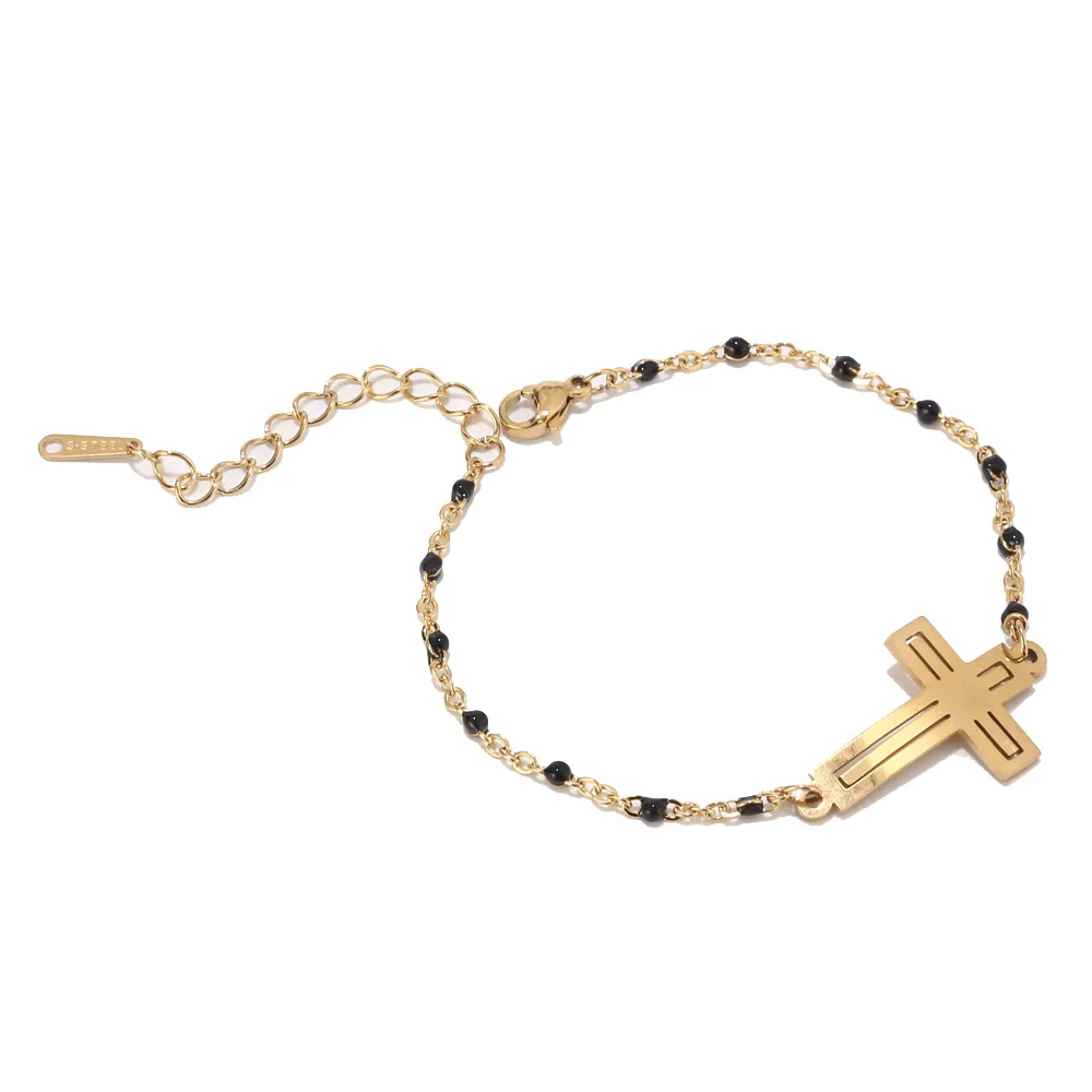 Нержавеющая сталь крест Золотая цепь регулируемый браслет с бусинами из нержавеющей стали бисерные женские браслеты для женщин христианские подарки - Окраска металла: Gold Black
