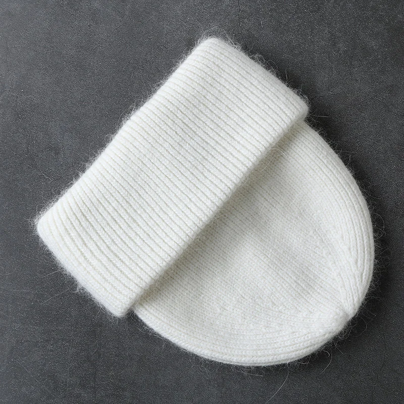 Winter Real Rabbit Fur Knitted Beanies For Women Fashion Solid Warm Cashmere Wool Skullies Beanies Female Three Fold Thick Hats