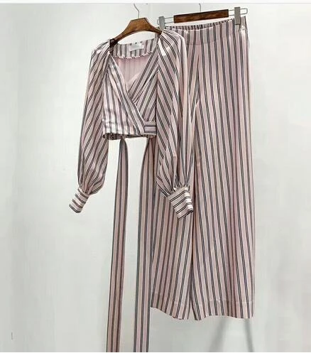 TWOTWINSTYLE, полосатый Женский костюм, фонарь, длинный рукав, v-образный вырез, бандажные топы, высокая талия, широкие брюки, комплект из двух предметов, осень - Цвет: striped