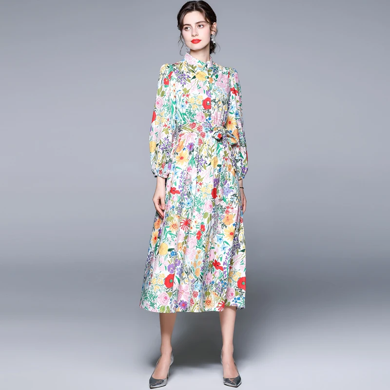 

ZUOMAN Women Spring & Autumn Elegant Floral Dress Shirt High Quality Vintage Party Robe Femme Lantern Sleeve Designer Vestidos