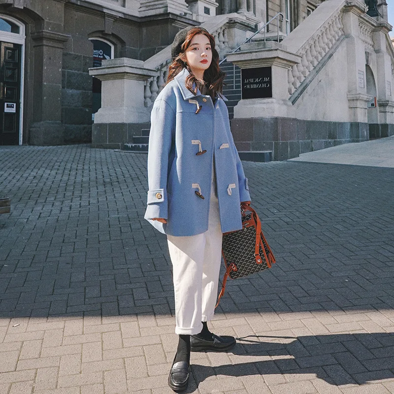 

College Toggle Woolen Jacket Women's Mid-length 2019 Autumn Students MORI Series Woolen Overcoat Women's Short-height Thick