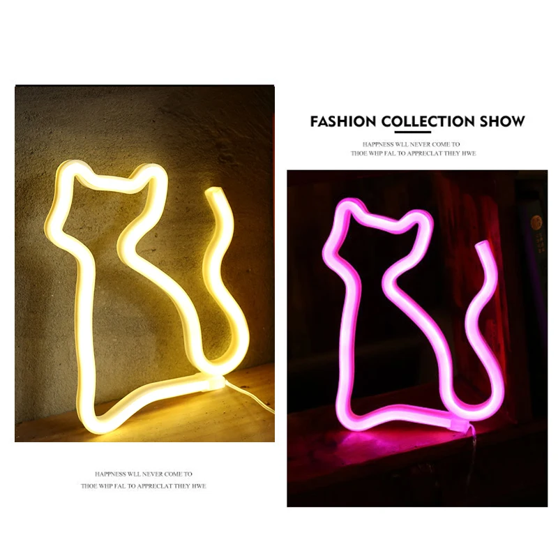 LED Neon Bulb Tube Light Holiday Battery Decor Night Light Cat Shaped Home Decorate Luminary Bedside Lamp Lighting Novelty USB