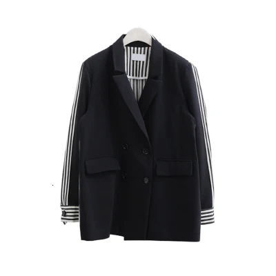 [EAM] весенне-летняя модная двубортная куртка в полоску с длинным рукавом и отложным воротником, Новое Женское пальто LA100 - Цвет: black