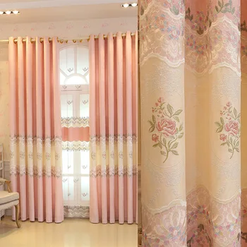 

Rice-white-pink embroidery stitching curtain for living room gauze small flower small fresh girl curtains for bedroom curtain