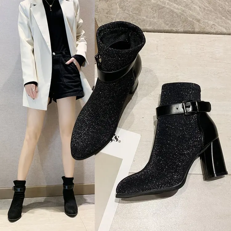 

Elasticity xue wa Boots Versatile Online Celebrity Short Boots Thick with High Heels Thin Boots Women's Boots