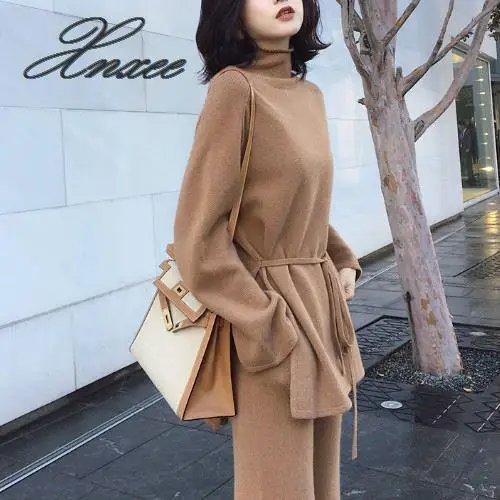 

Xnxee S-XL autumn winter knitted women suit 2 piece set solid color turtleneck sweater knitted pants suit pullover sets