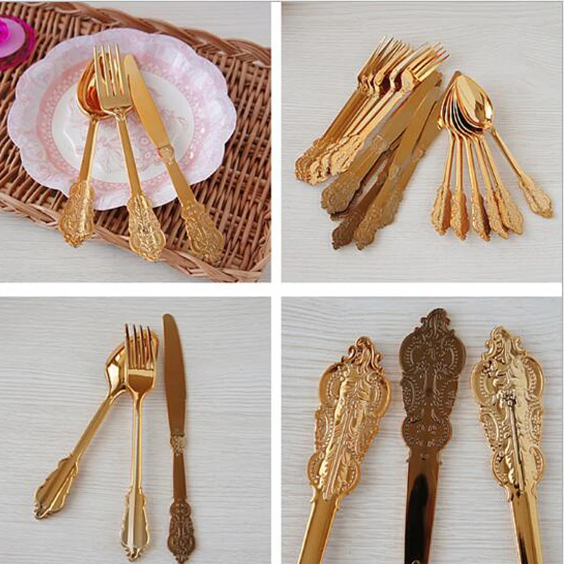 

Tableware Set Disposable Imitation Metal Plastic Gold Silver Carved Embossed Cutlery Western Wedding Party Tableware Set