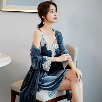 

Velvet Women Kimono Robe Gown Nighty&bathrobe Suit Sexy 2pcs Sleep Set Lace Trim Nightdress Autumn Home Clothes Soft Sleepwear