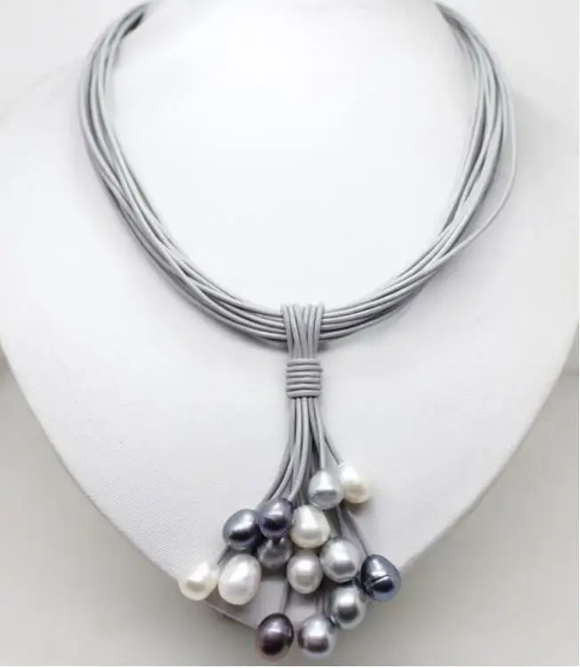 

12mm Real White Black Gray Freshwater Pearl Necklace Leather Cord Magnet Clasp