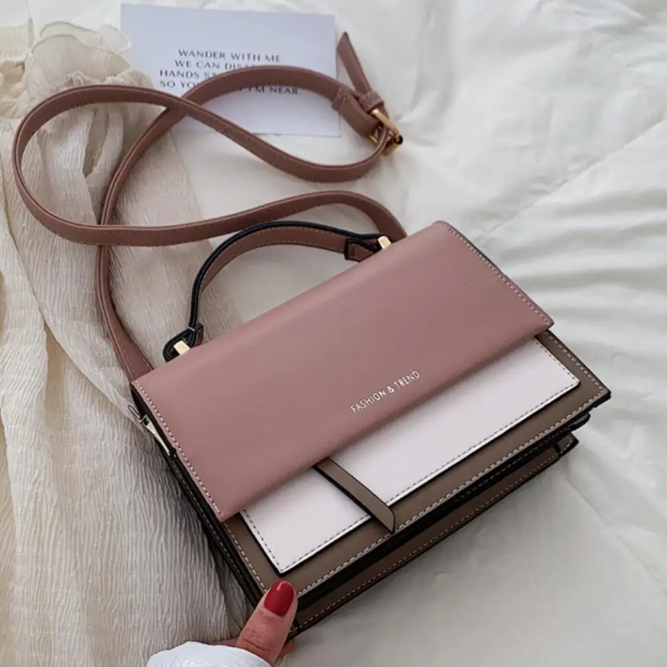 Contrast color Square Tote bag 2021 Fashion New High quality PU Leather Womens Designer Handbag Travel Shoulder Messenger Bag