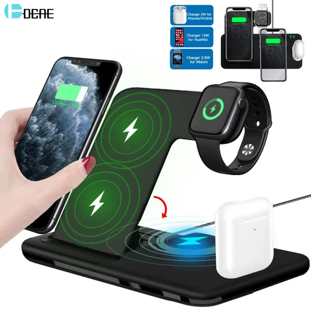 15W Qi Fast Wireless Charger Stand For iPhone 11 XR X 8 Apple Watch 4 in 1 Foldable Charging Dock Station for Airpods Pro iWatch afbeelding