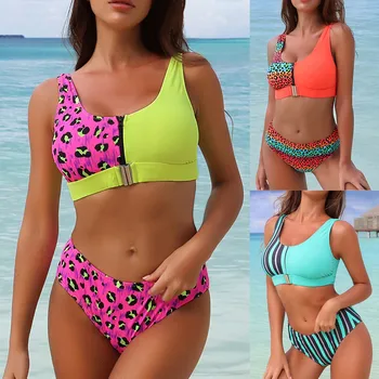 

2020 Newest Patchwork Printing Womens Bathing Costume Padded Monokini Push Up Split Underwear Buckle Design Tankinis Lengeries
