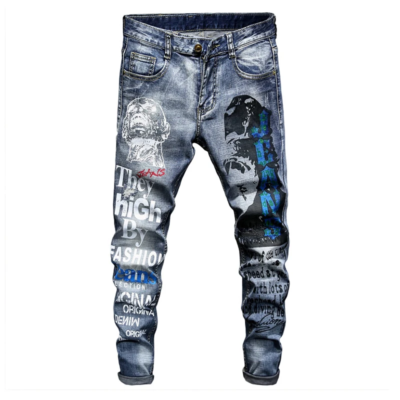 Sokotoo Men's letters pattern printed denim jeans Fashion slim fit blue stretch tapered pencil pants Sokotoo Men's letters pattern printed denim jeans Fashion slim fit blue stretch tapered pencil pants