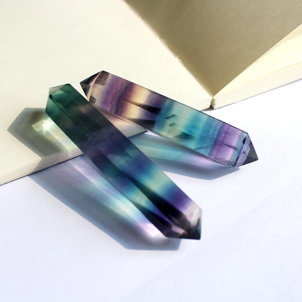 Runyangshi 1pc Natural Crystal Rainbow Fluorite original stone stripe fluorite hexagonal arris double pointed column