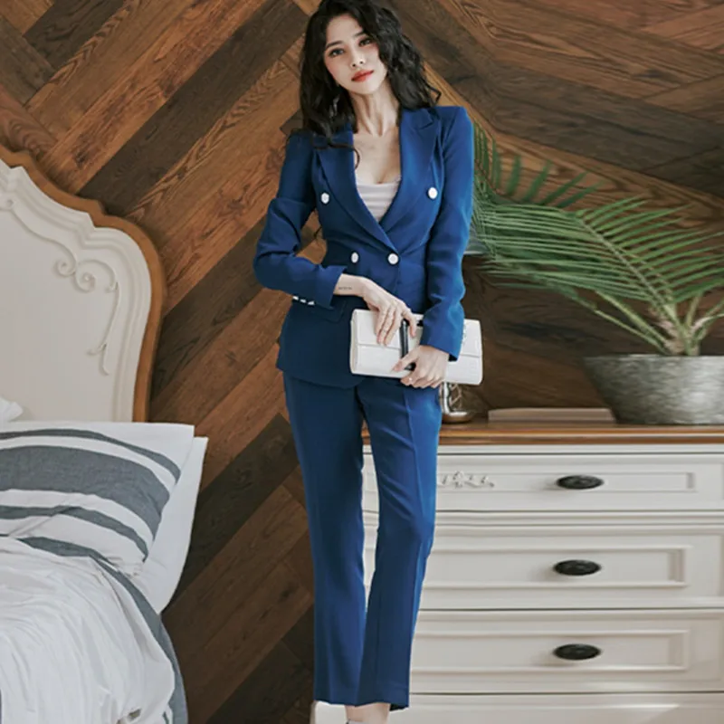 

2020 Autumn Winter Fashion Sexy New Women Set Double-Breasted Jacket &Pants 2 Two-Piece Office Celebrity Party Trousers Set Suit