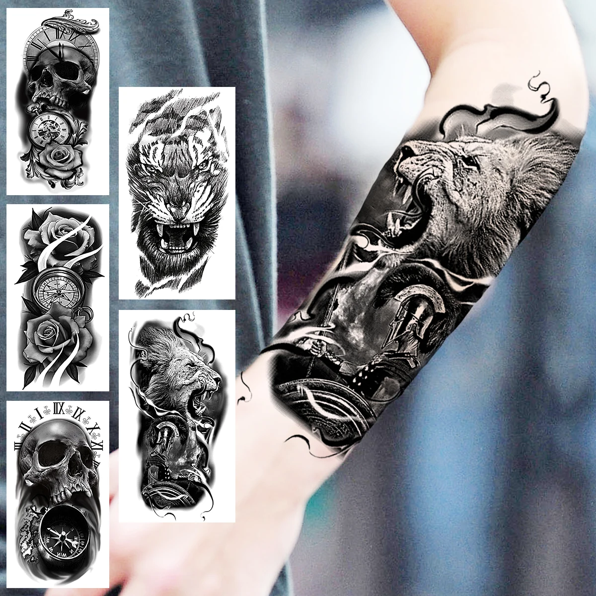 

Black Lion Samurai Temporary Tattoos For Men Women Realistic Tiger Skeleton Compass Flower Fake Tattoo Sticker Forearm Tatoos 3D