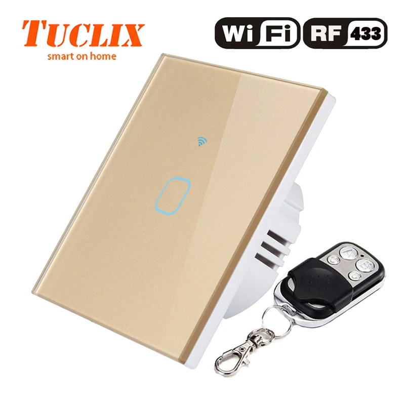 TUCLIX ЕС/Великобритания Wi-Fi приложение настенный выключатель света 1 банда 1 способ 110-240 В Кристалл стекло панель Переключатель водонепроницаемый Сенсорный управление - Цвет: WiFi-RF-01 Glod-X