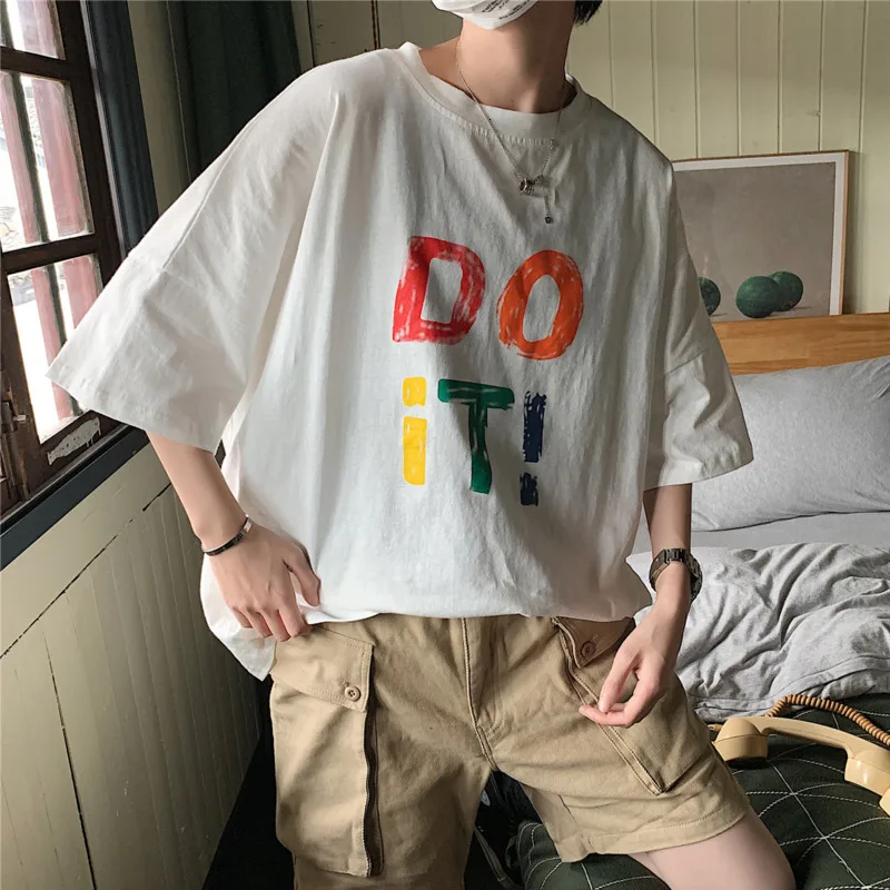 

Short-sleeved T Shirt Men Fashion Letter Printing Casual Cotton T-shirt Men Streetwear Wild Hip-hop Loose Tshirt Man Tops