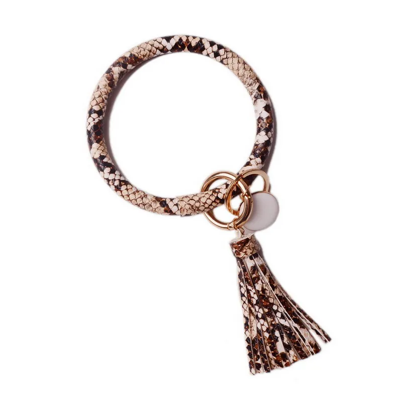 

Rainbery Chic monogram PU Leather O-ring Key Chain Colorful Snakeskin Circle Tassel Wristlet Houndstooth Keychains