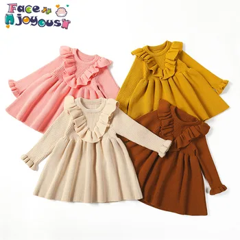 

Newborn Toddler Baby Kid Girls Solid Long Sleeved Ruffle Warm Sweater Princess Dress Knit Crochet Dress Autumn Winter Clothes