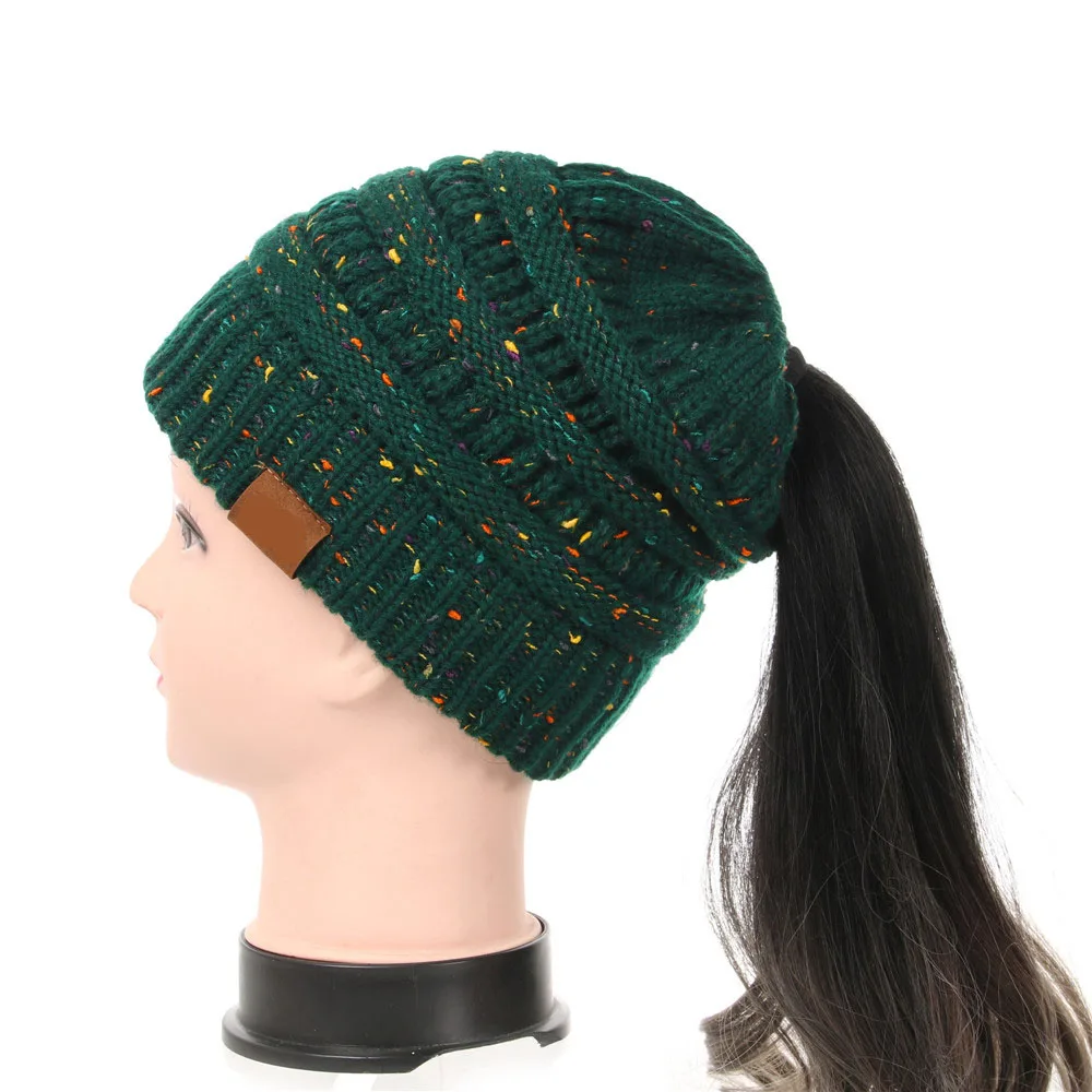 25 цветов конфетти Ponytai l Beani e для вязаный бюстгальтер шапка Skullies Beanies теплая шапка s Женская вязаная Стильная шапка с биркой - Цвет: Drak Green