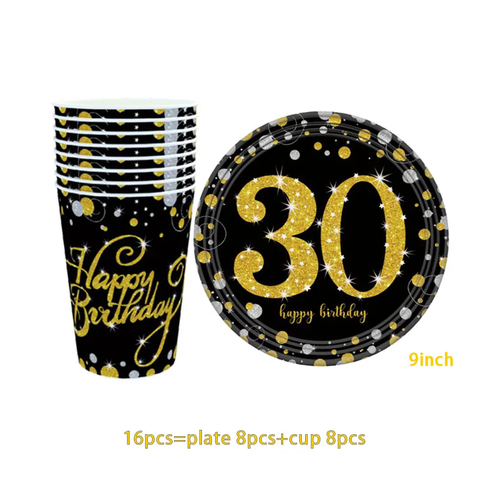 Love black gold powder gold 30 years old disposable tableware plate cup napkins birthday Christmas party set decoration