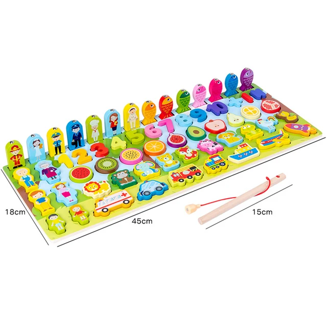 Montessori Educational Wood Toy Multifunctional Character Cognitive Shape Matching Building Block Animal Fishing Busy Board Toys 6