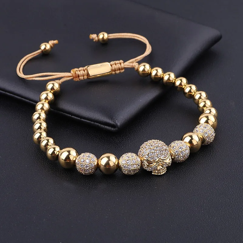 Luxury CZ Micro Pave Ball Skull Charm Adjustable Stainless Steel Beads Adjustable Bracelet Men