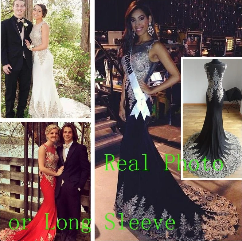 

2019 Sheer Neck Black Red Formal Evening Prom Gowns Beads Real Image Embroidery Long Sleeve Occasion Pageant Party Dress Arabic